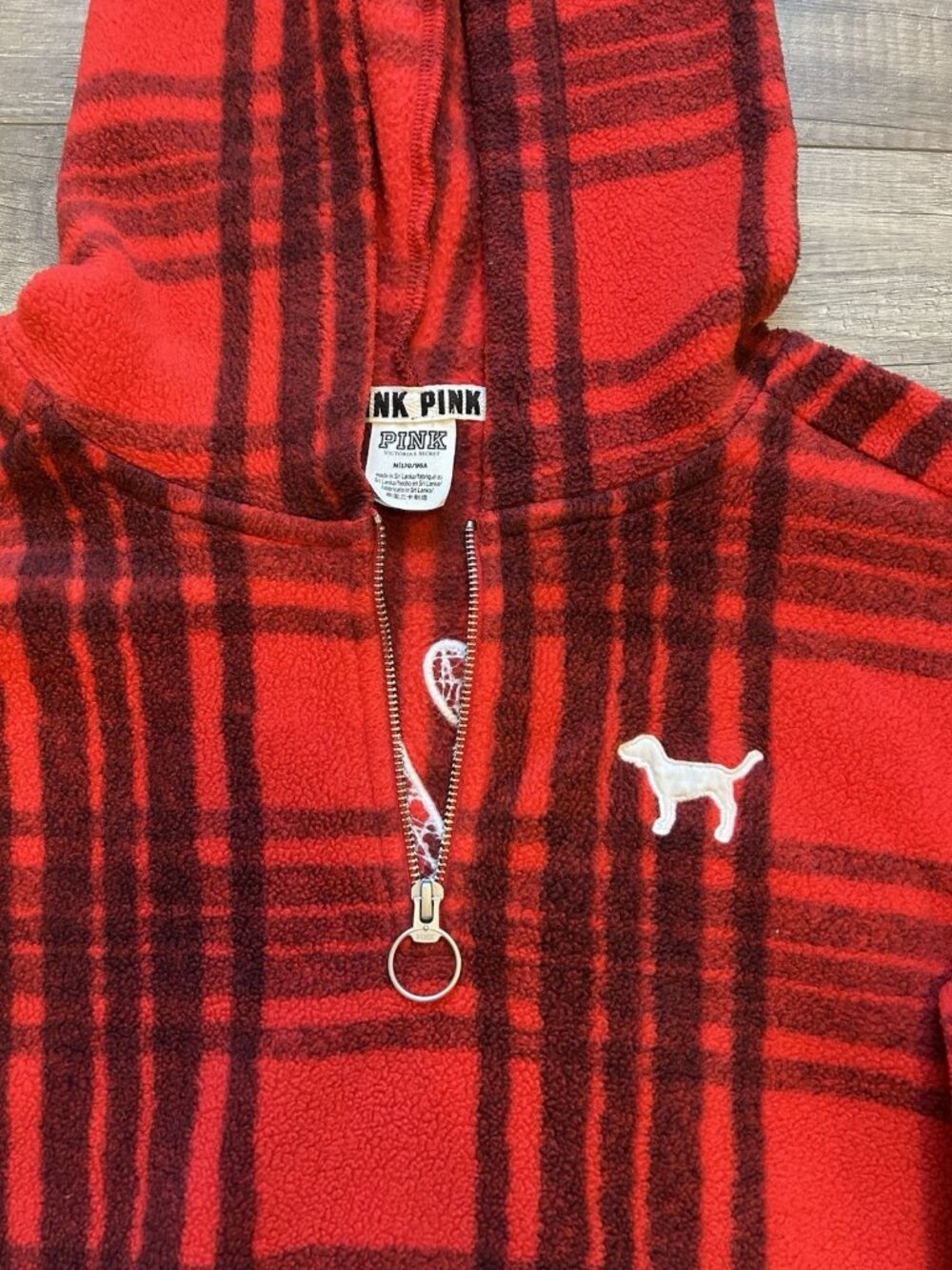 PINK Victoria's Secret Medium Polar Fleece Red Black Plaid Half-Zip Hoodie Gift - Picture 3 of 11